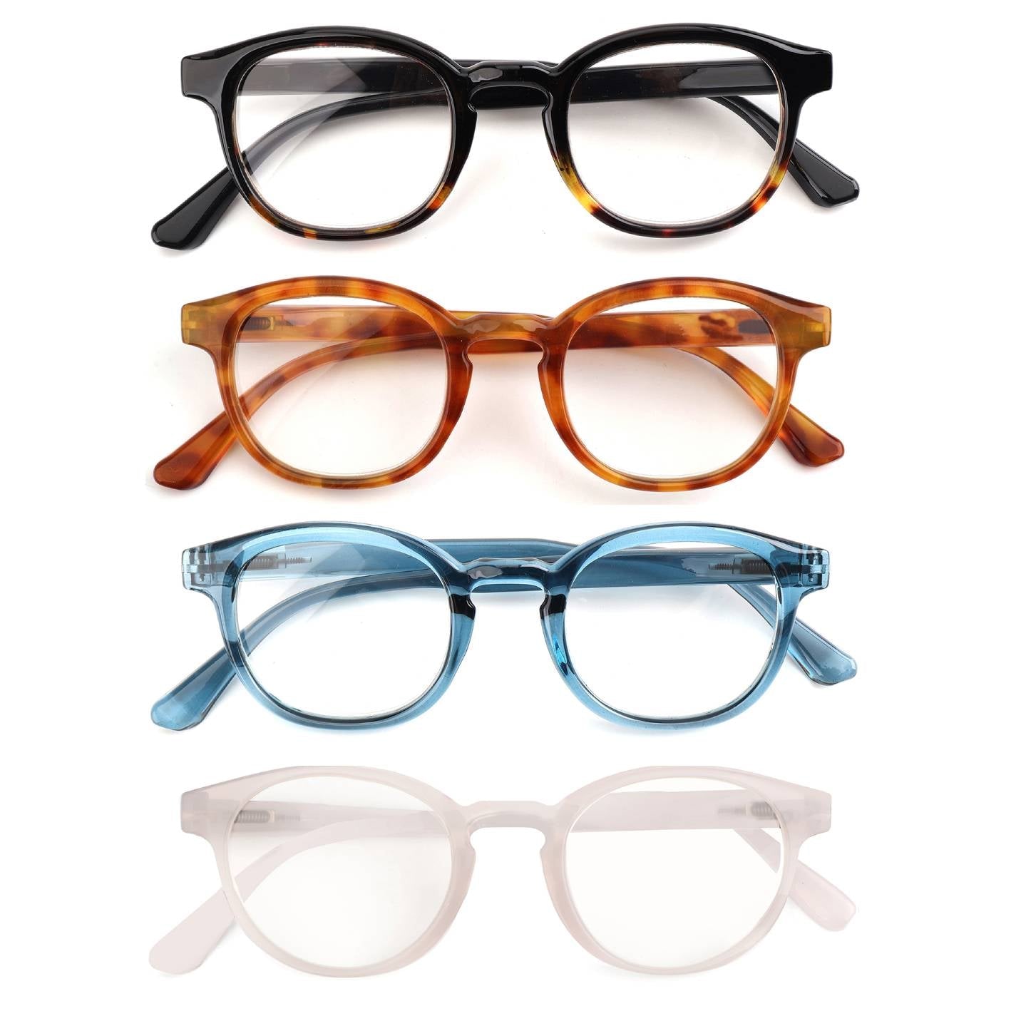 Four pairs of eyeglasses with different frame colors on a white background