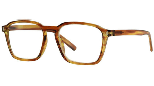 A pair of square-shaped, full frame eyeglasses with a patterned brown frame.