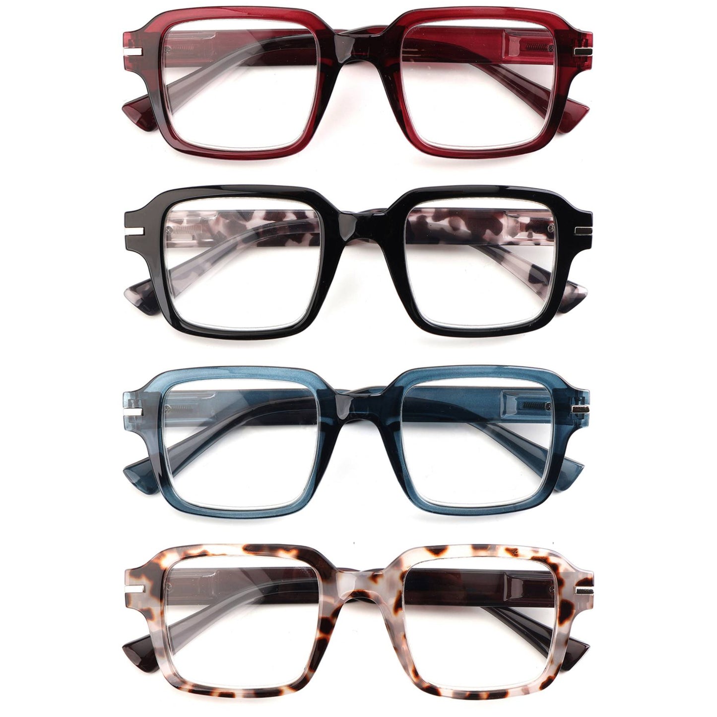 Four pairs of eyeglasses with different colored frames on a white background