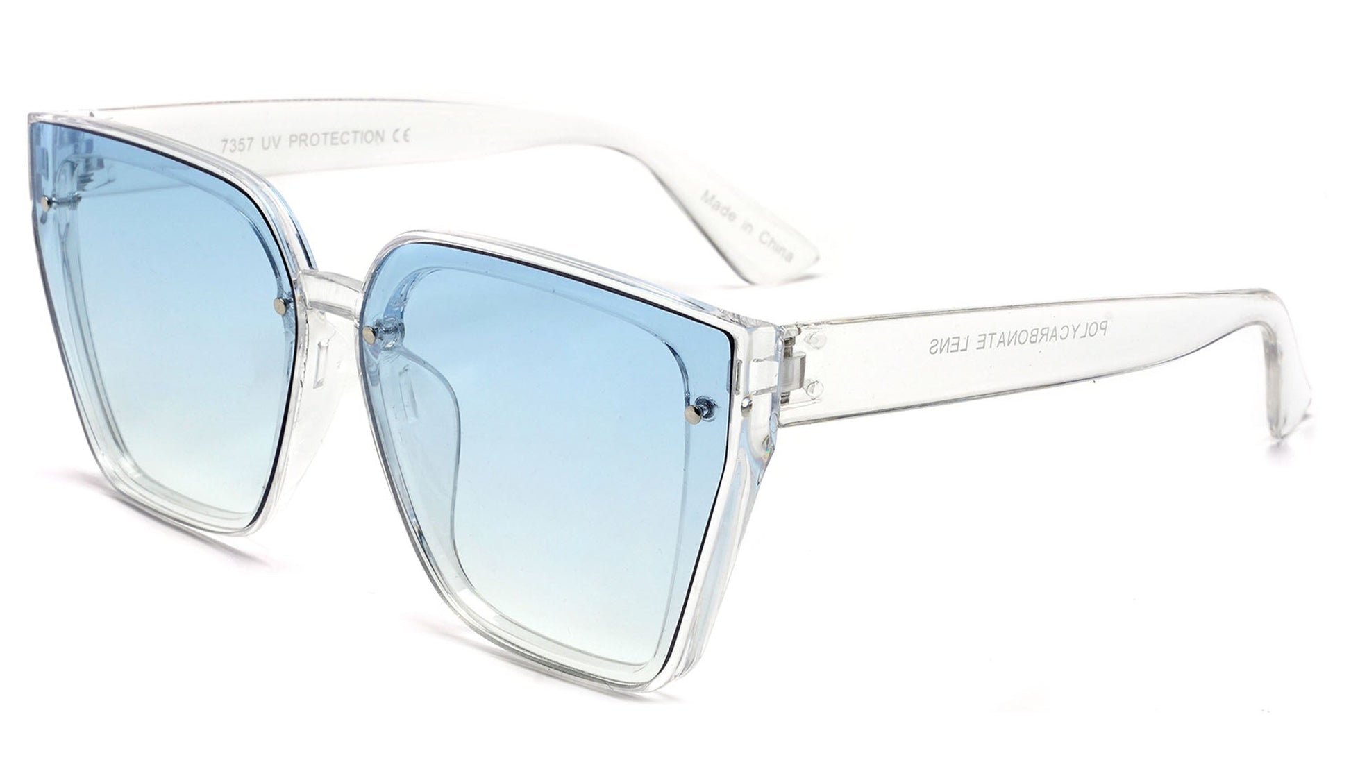 Clear frame sunglasses with blue gradient lenses on a white background
