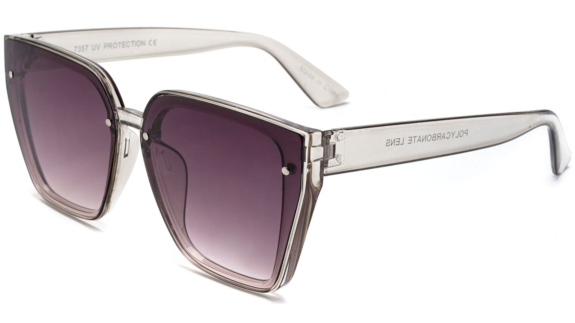 Sunglasses with gradient purple lenses and clear frame on a white background