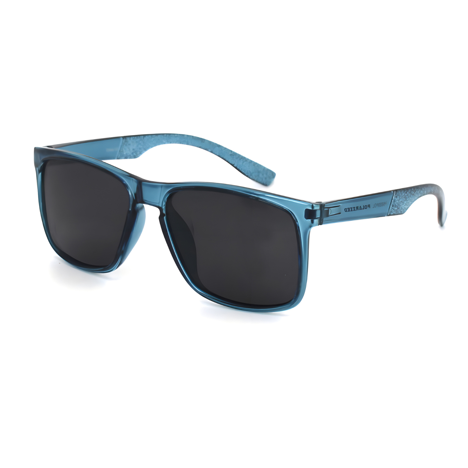 Blue sunglasses with dark lenses on a white background