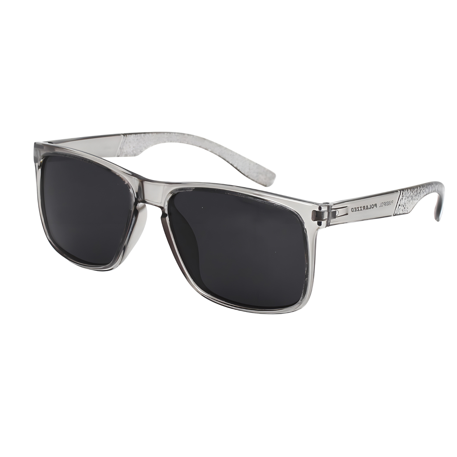 Sunglasses with black lenses and gray frame on a white background