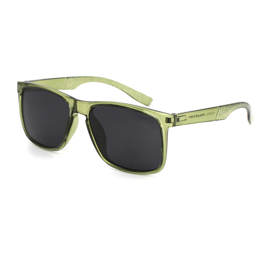 Green sunglasses with black lenses on a white background